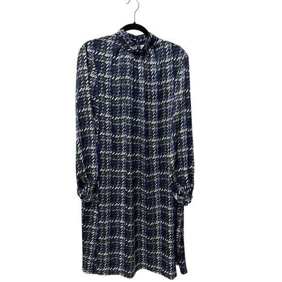 MISOOK Women Pleated Mock Neck Crepe de Chine Printed A-Line Dress LARGE - Picture 2 of 7